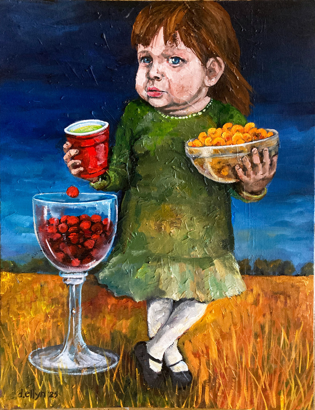 Painting of a young girl holding processed snacks in a field, highlighting the impact of artificial foods on childhood.