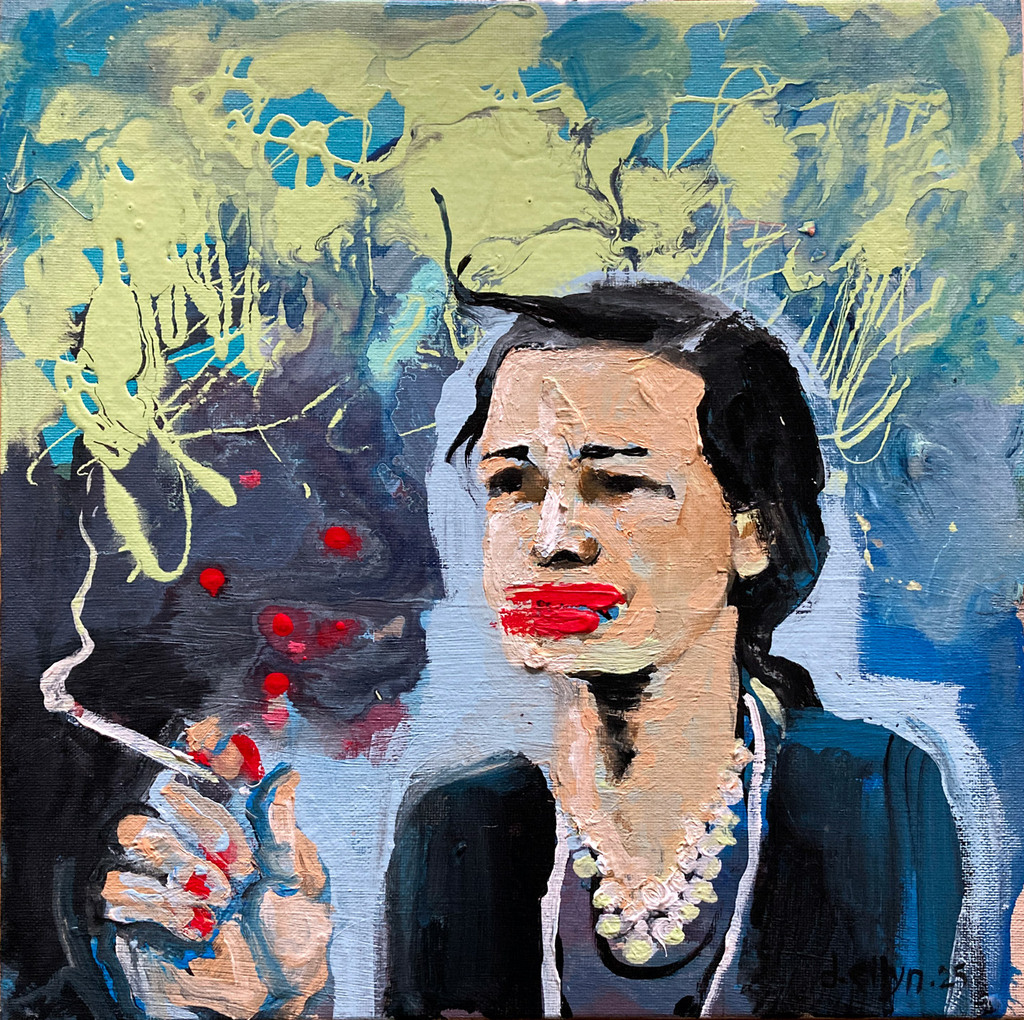 Expressionist portrait of a woman with smeared red lipstick, a cigarette in hand, and a weary gaze, set against a chaotic abstract background