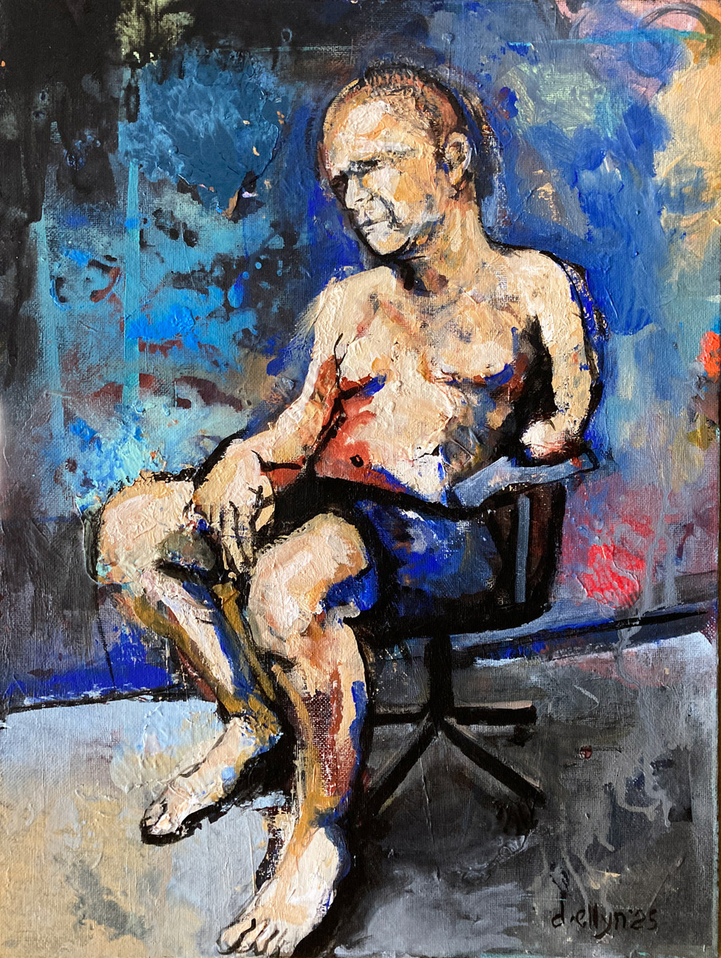 portrait of  Matt Sesow - sseated man in shorts, his body partially illuminated against a textured, abstract background of deep blues and warm tones, evoking contemplation and exhaustion