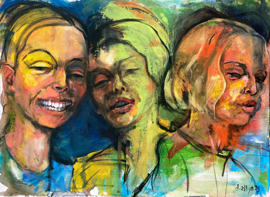 Three Faces of Eve is an expressive painting of three women with distinct emotions, blending vibrant colors and bold brushstrokes to explore identity and perception.