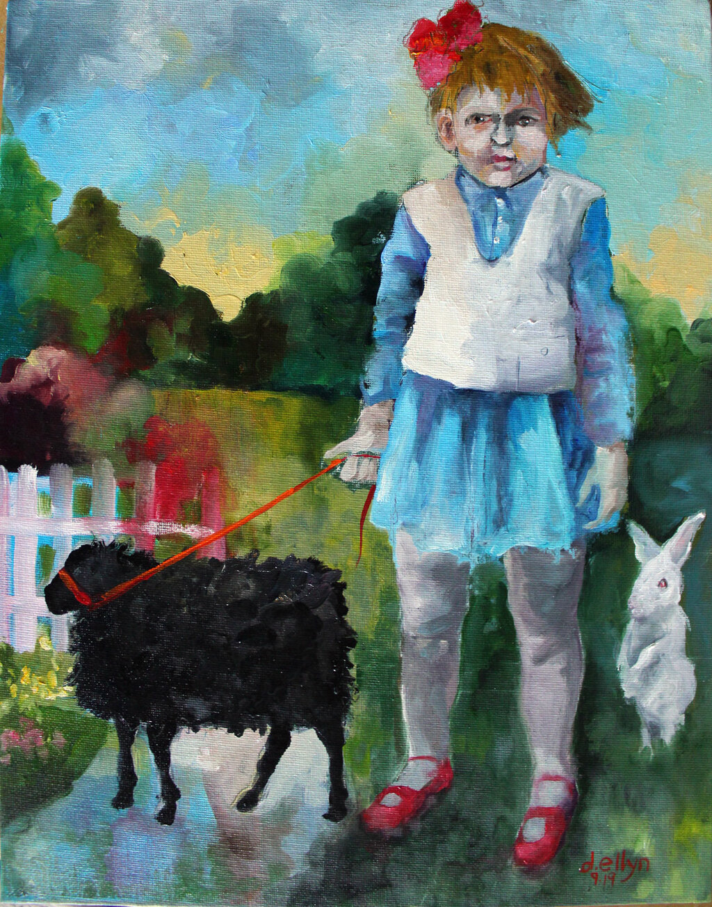 Living the dream. A young girl in a blue dress and red shoes holds a leash attached to a black sheep. A white rabbit stands nearby, while a sunset sky and a picket fence create a surreal, storybook-like atmosphere.