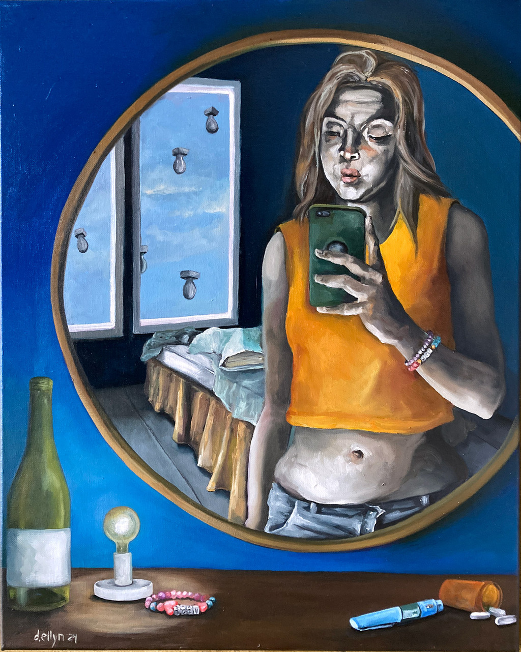Young woman takes a selfie in mirror; background shows bed, floating bulbs in sky, and scattered items on a vanity with wine bottle.