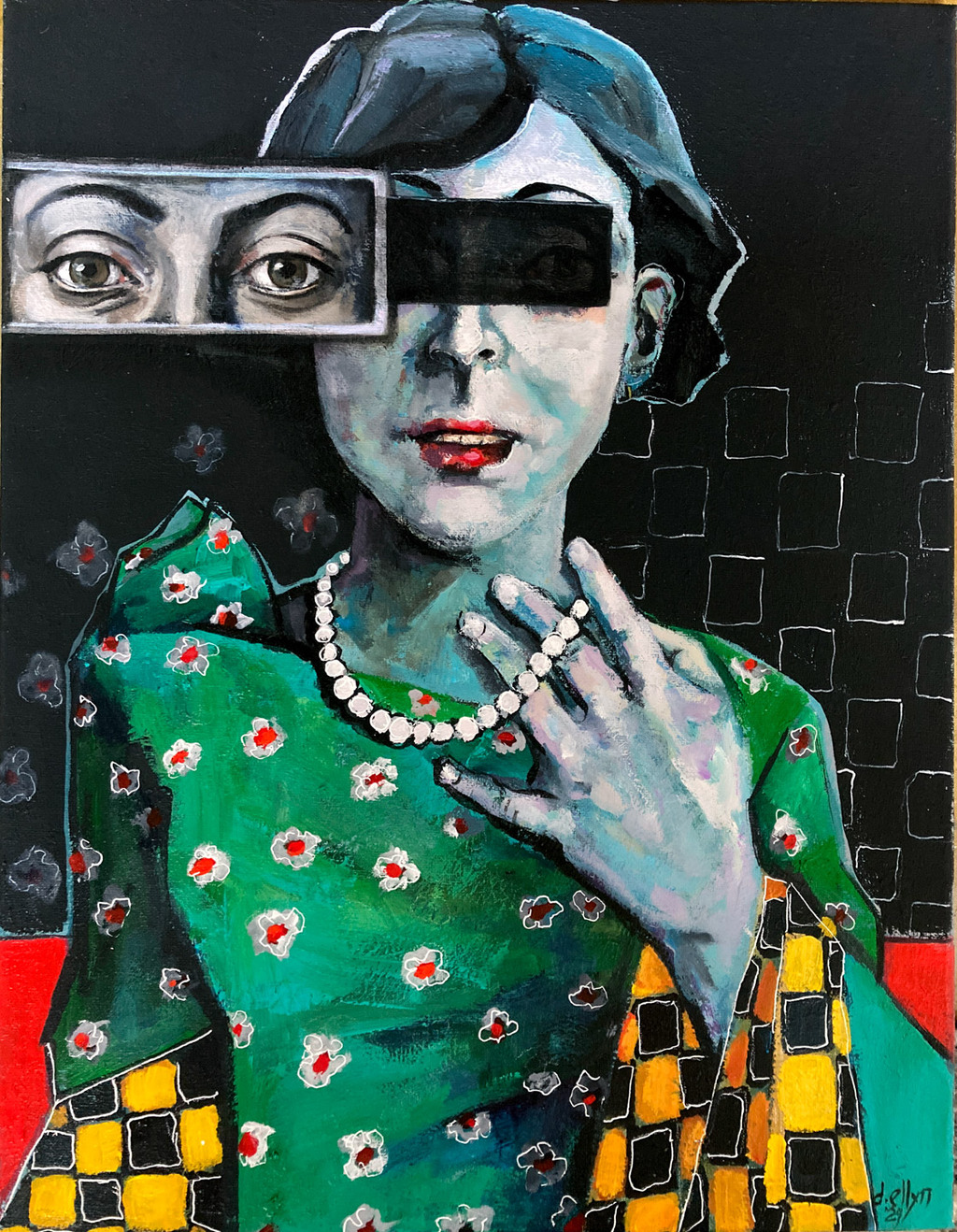 Stylized woman in floral dress and pearls, with blocked eyes and inset gaze above; bold colors and patterns against a black backdrop.