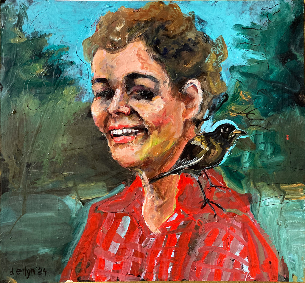 Smiling woman in red plaid shirt with a small bird perched on her shoulder, set against a vibrant blue and green forest background.