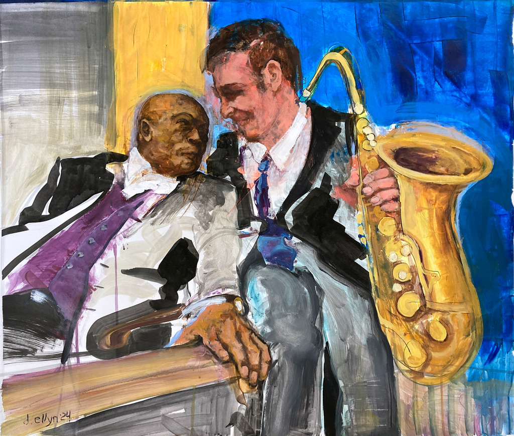 Portrait of Quincy Jones and another musician holding saxaphone