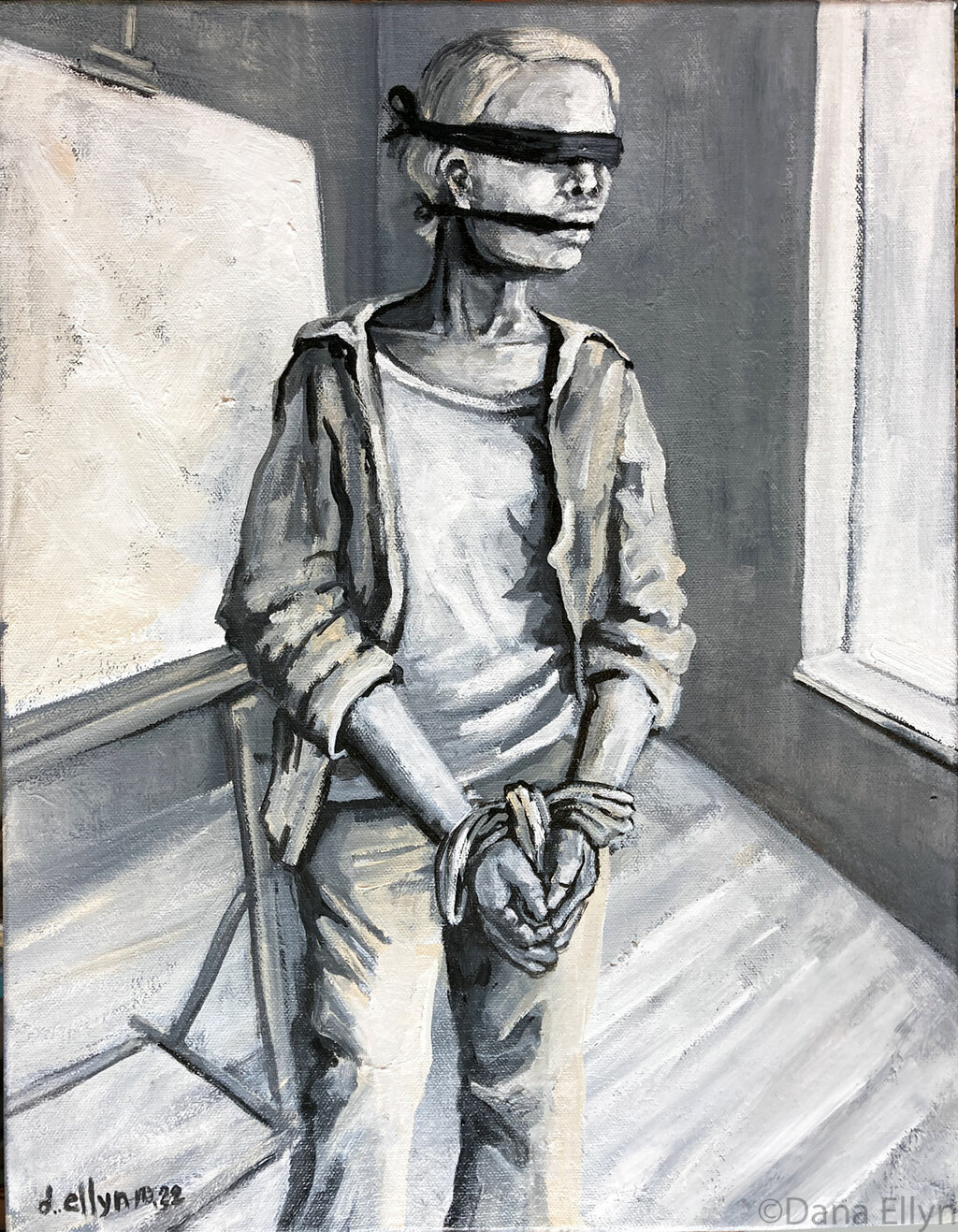 Blindfolded and bound figure stands beside a blank easel in a sunlit room, painted in grayscale tones with stark emotional intensity.