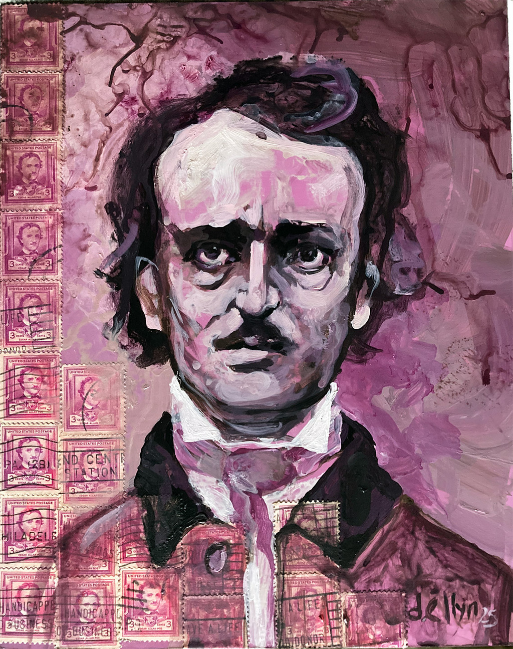 expressive portrait of Edgar Allen Poe on 1949 Poe stamps in purple tones