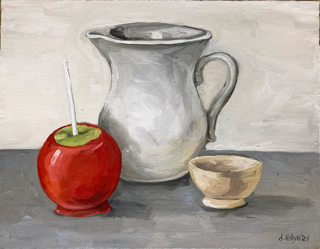still life painting of white pitcher, white bowl and bright red candied green apple