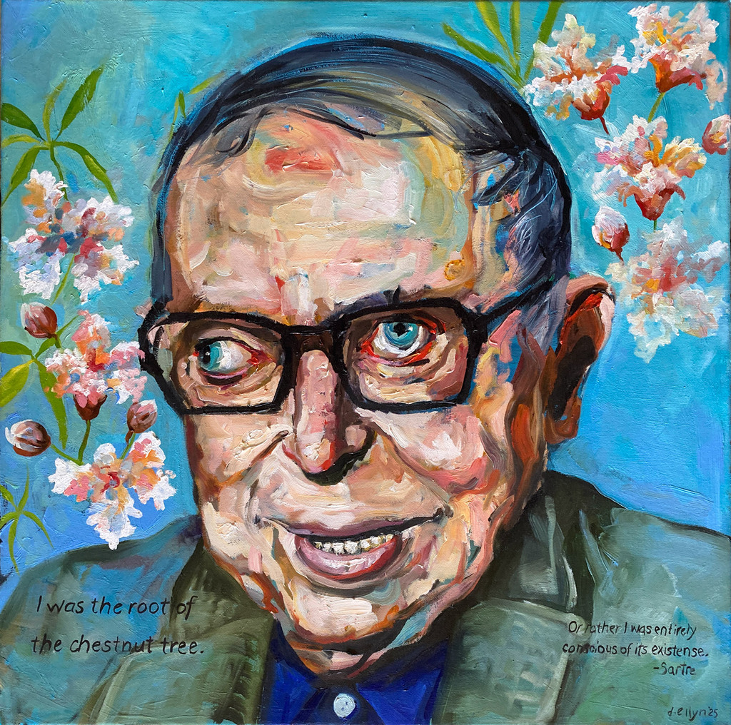 "Existential Blossoms (Sartre)" by Dana Ellyn is a vibrant portrait of philosopher Jean-Paul Sartre, merging existential philosophy with blooming symbolism.