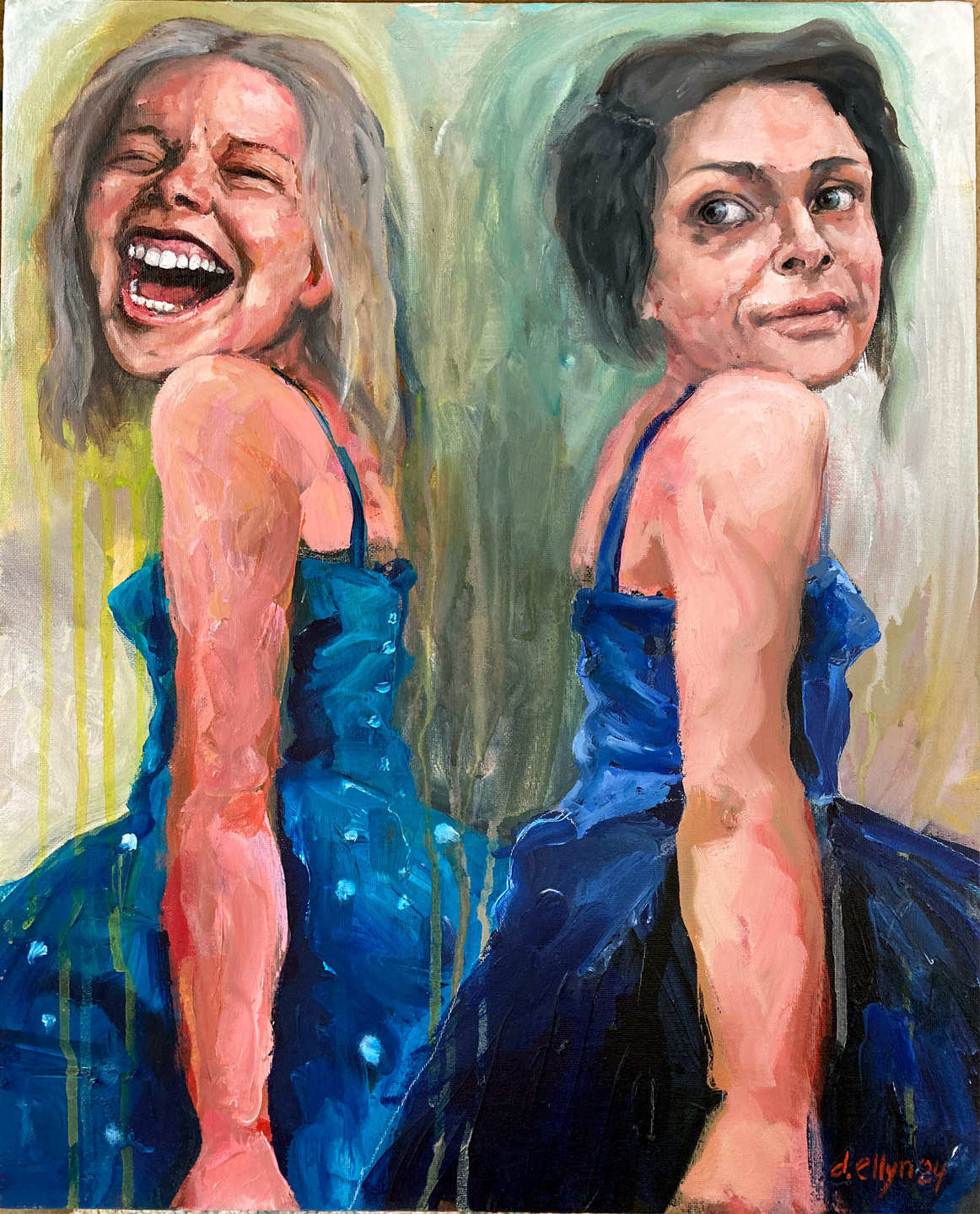 Shared Space is a double portrait. One woman is laughing and the other is looking tentatively over her shoulder. They both wear blue dresses with polka dots.