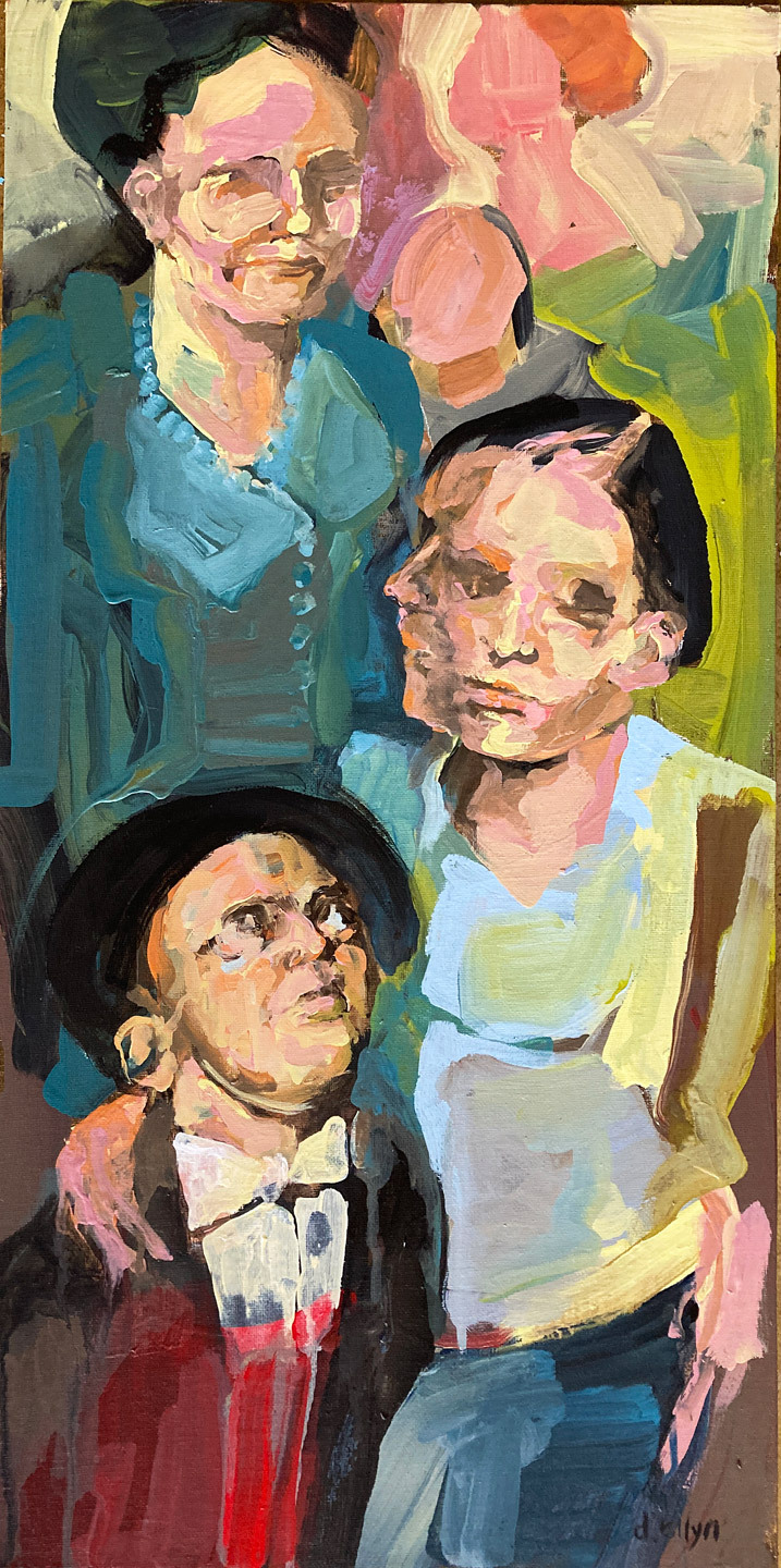 Echoes Through Time. A layered, abstracted portrait of three figures blending into each other, with warm, painterly strokes of peach, teal, and red. The figures appear interconnected yet fragmented, evoking themes of memory and identity. 