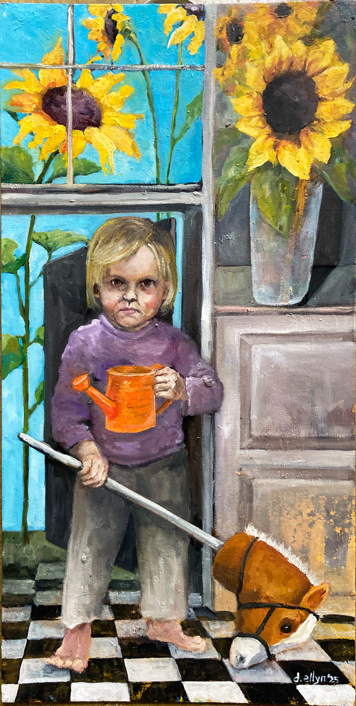 determined looking young girl holding water can and a hobby horse surrounded by sunflowers