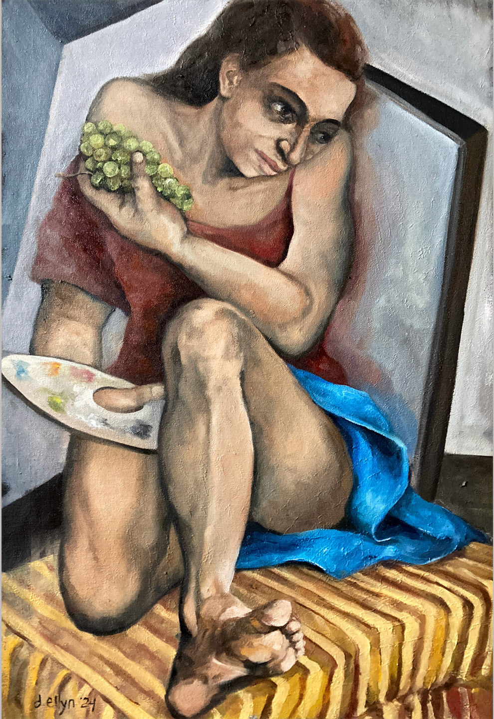 Harvesting Ideas is a vibrant portrait of a woman sitting in a contorted pose. She holds a batch of grapes in one hand and a painters palette in the other. Meant to convey her working in a small art studio.